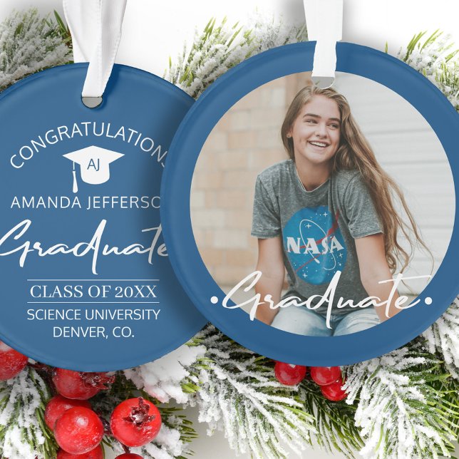 Graduation | Class year and school PHOTO blue Ornament (Creator Uploaded)