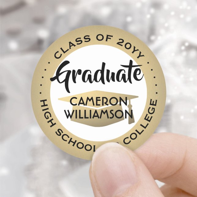 Graduation Class Year Black Gold and White Modern Classic Round Sticker (Creator Uploaded)