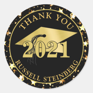 Graduation Class Year Black Gold Stars THANK YOU Classic Round Sticker