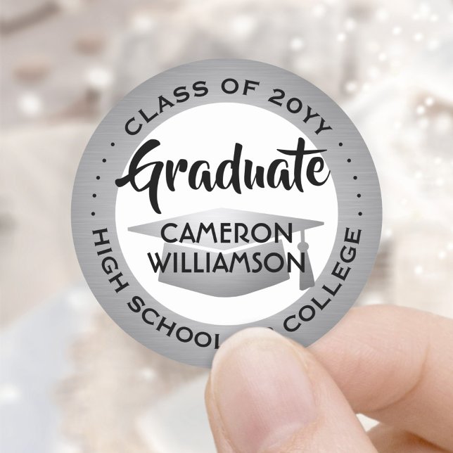Graduation Class Year Black White & Silver Modern Classic Round Sticker (Creator Uploaded)