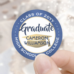 Graduation Class Year Brushed Blue and Gold Modern Classic Round Sticker