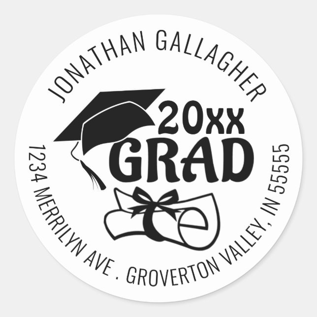 Graduation Class Year GRAD Return Address Classic Round Sticker (Front)