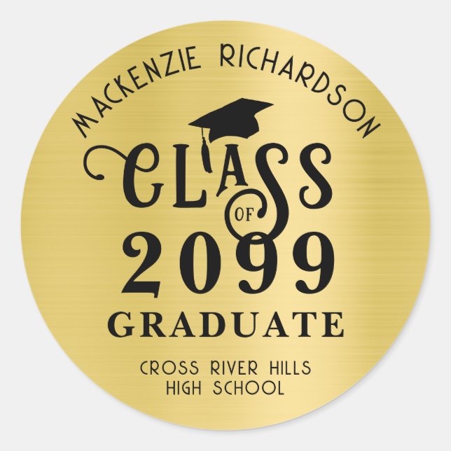 Graduation Class Year Metallic Gold Foil Classic Round Sticker (Front)