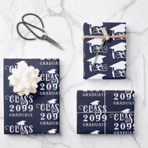 Graduation Class Year Navy Blue White Cap Diploma Wrapping Paper Sheet