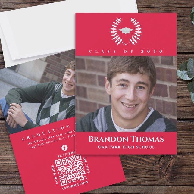 Graduation Classic Photo Crimson Red Laurel Leaves Invitation (Creator Uploaded)