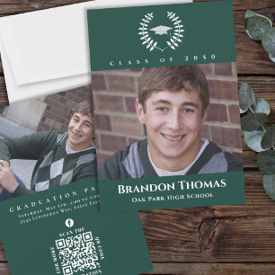 Graduation Classic Photo Dark Green Laurel Leaves Invitation