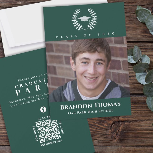 Graduation Classic Photo Dark Green Laurel Leaves Invitation (Creator Uploaded)