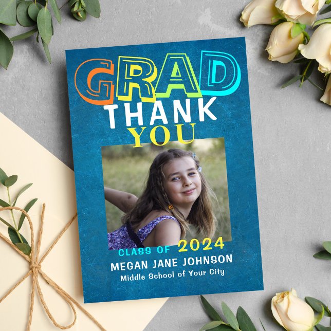 Graduation colorful middle school grad photo thank you card (Creator Uploaded)