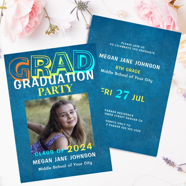 Graduation colourful middle school grad photo invitation (Creator Uploaded)