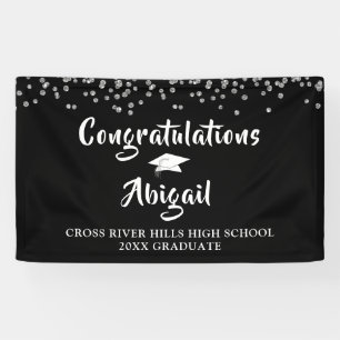 Graduation Confetti Brush Script Black and Silver Banner