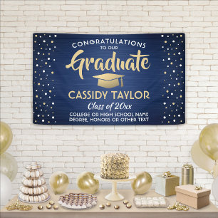 Graduation Confetti Brushed Navy Blue Gold & White Banner