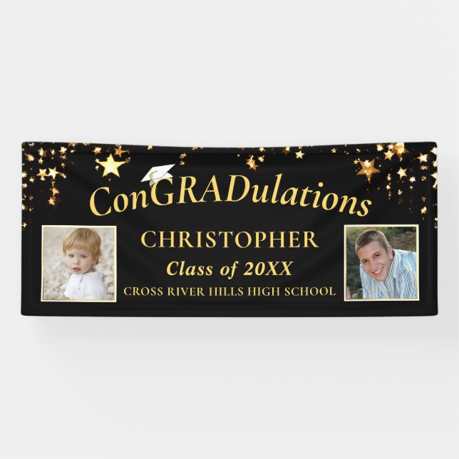 Graduation ConGRADulations Photo Black Gold Stars Banner (Horizontal)