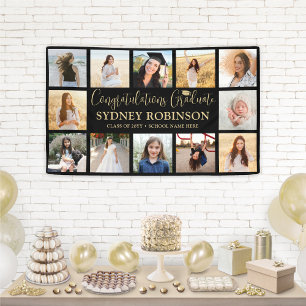 Graduation Congrats 12 Photo Collage Black & Gold Banner