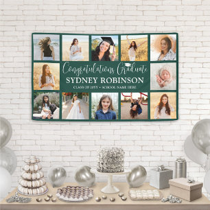 Graduation Congrats 12 Photo Collage Dark Green Banner