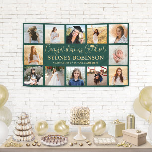 Graduation Congrats 12 Photo Collage Green & Gold Banner