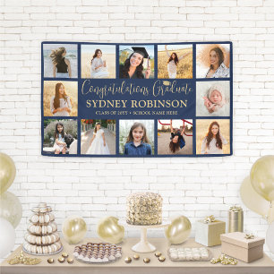Graduation Congrats 12 Photo Collage Navy and Gold Banner