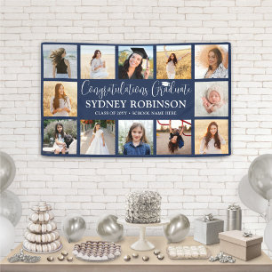 Graduation Congrats 12 Photo Collage Navy Blue Banner