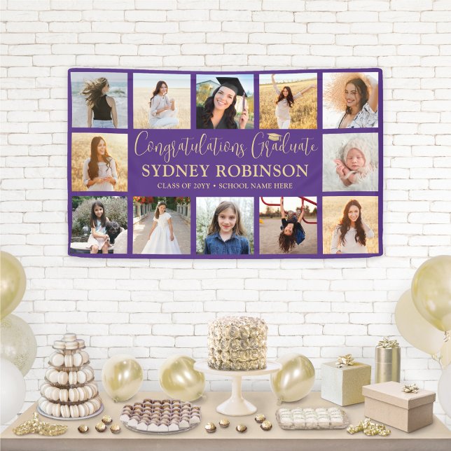 Graduation Congrats 12 Photo Collage Purple & Gold Banner (Creator Uploaded)