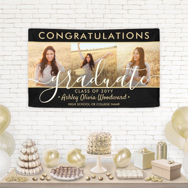 Graduation Congrats 3 Photo Collage Black and Gold Banner (Creator Uploaded)