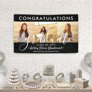 Graduation Congrats 3 Photo Collage Modern Black Banner