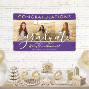 Graduation Congrats 3 Photo Collage Purple & Gold Banner