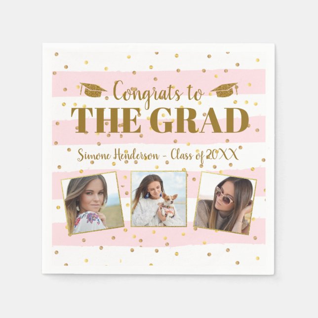 Graduation Congrats 3 Photos Gold Glitter Stripes Napkin (Front)