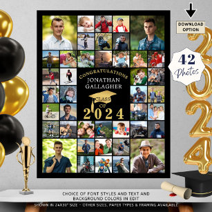 Graduation Congrats 42 Photo Collage Black Gold Poster