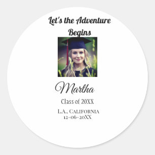 Graduation congrats add name photo city date class classic round sticker