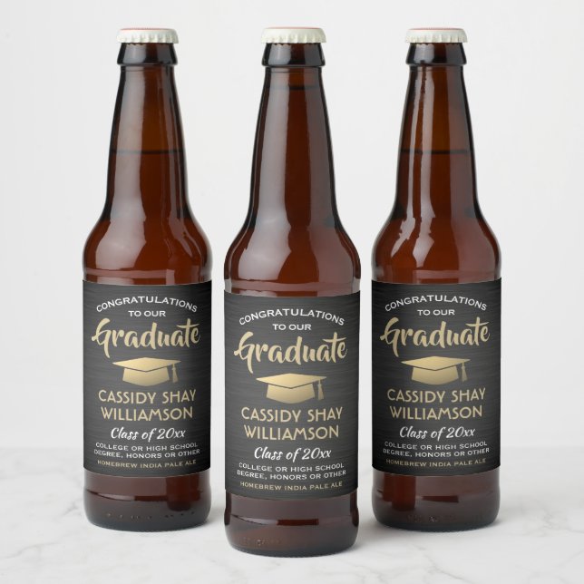 Graduation Congrats Brushed Black Gold and White Beer Bottle Label (Bottles)