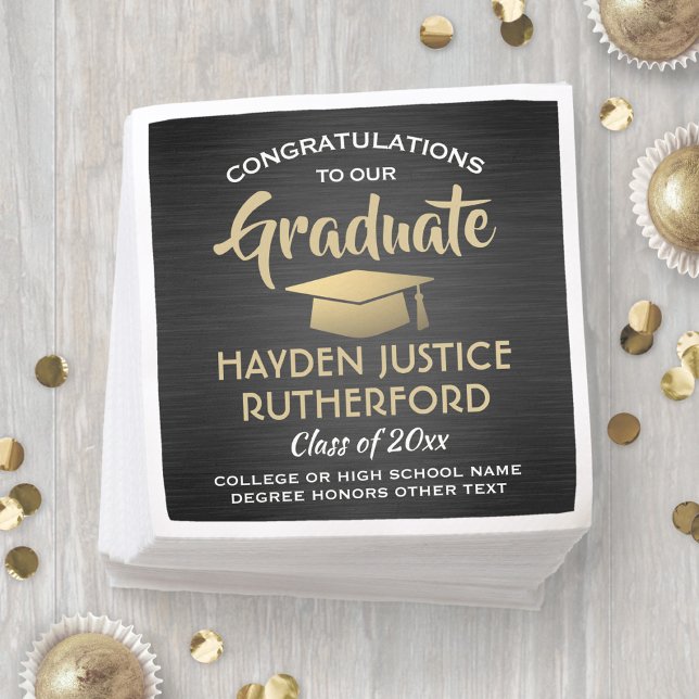 Graduation Congrats Brushed Black Gold and White Napkin (Creator Uploaded)