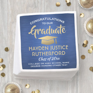 Graduation Congrats Brushed Modern Blue Gold White Napkin