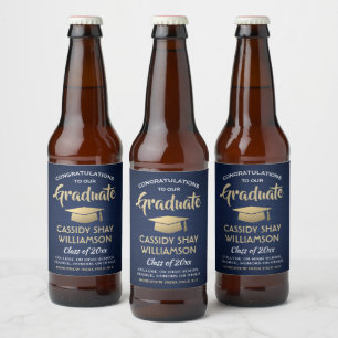 Graduation Congrats Brushed Navy Blue Gold & White Beer Bottle Label