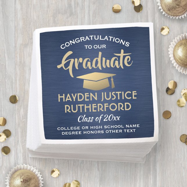 Graduation Congrats Brushed Navy Blue Gold & White Napkin (Creator Uploaded)