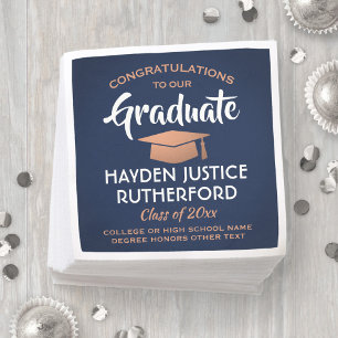 Graduation Congrats Brushed Navy Blue White Copper Napkin