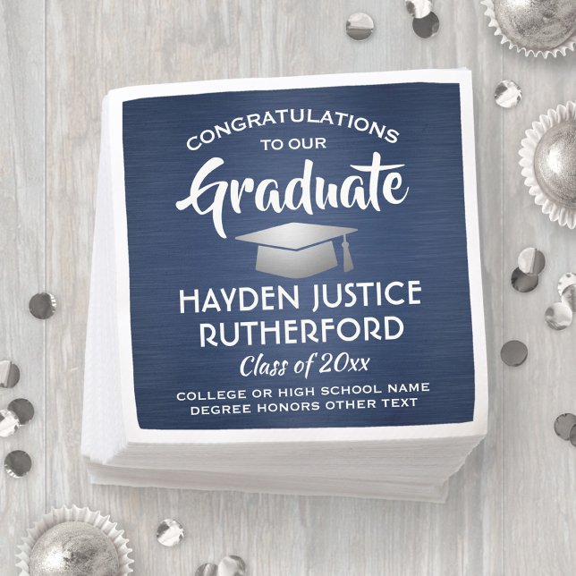 Graduation Congrats Brushed Navy Blue White Silver Napkin (Creator Uploaded)