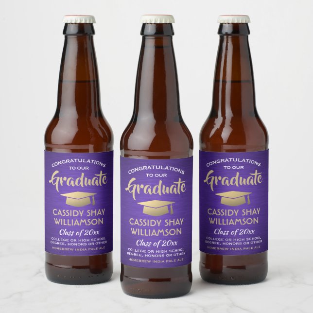 Graduation Congrats Brushed Purple Gold and White Beer Bottle Label (Bottles)