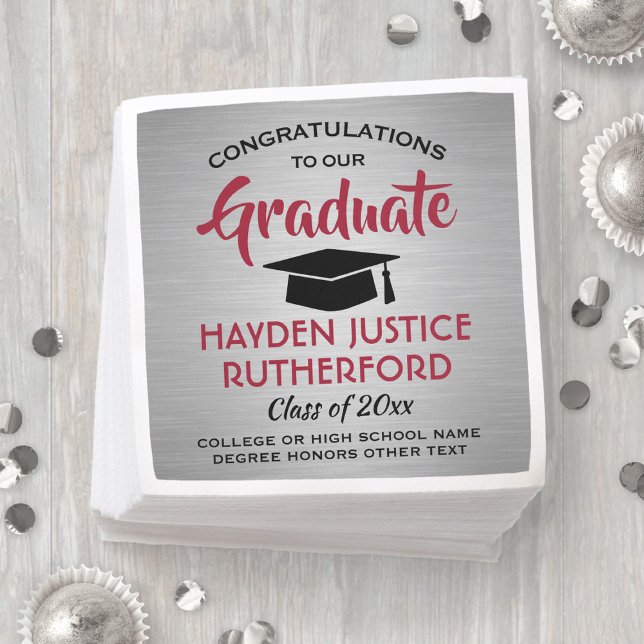 Graduation Congrats Brushed Silver Grey Red Black Napkin (Creator Uploaded)