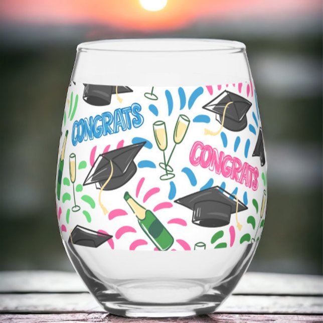 Graduation Congrats Champagne Confetti Colourful  Stemless Wine Glass (Creator Uploaded)