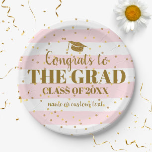 Graduation Congrats Grad Gold Glitter Stripes Paper Plate