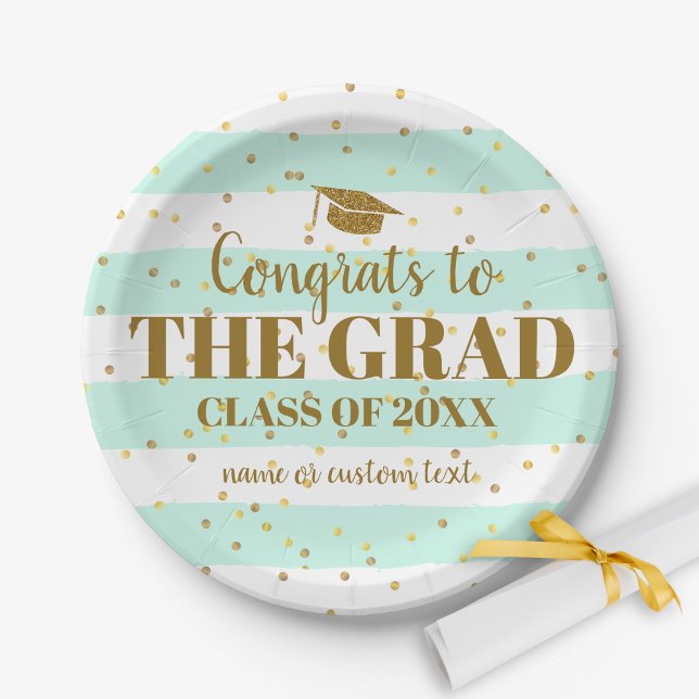 Graduation Congrats Grad Gold Glitter Stripes Paper Plate (Creator Uploaded)