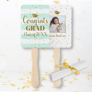 Graduation Congrats Grad Photo Gold Glitter Stripe Hand Fan