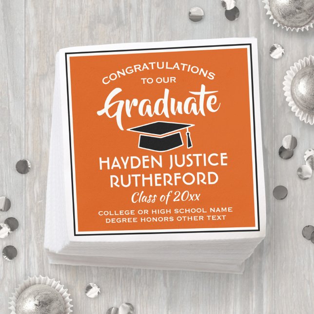 Graduation Congrats Modern Orange White and Black Napkin (Creator Uploaded)
