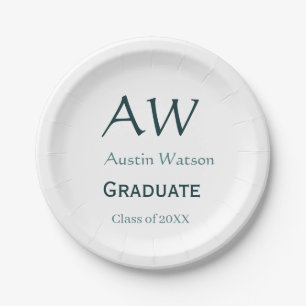 Graduation congrats monogram blue gray name 20XX c Paper Plate