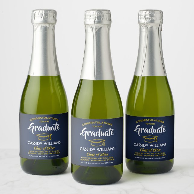 Graduation Congrats Navy Blue and Gold Mini Split Sparkling Wine Label (Bottles)