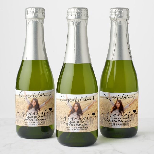 Graduation Congrats Photo Black Script Mini Split Sparkling Wine Label (Bottles)