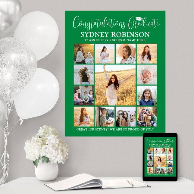 Graduation Congrats Photo Collage Green and White Poster (Creator Uploaded)