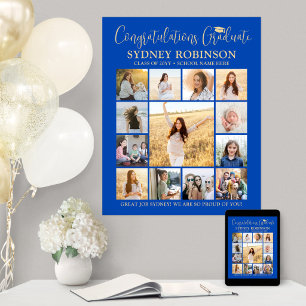 Graduation Congrats Photo Collage Royal Blue Gold Poster