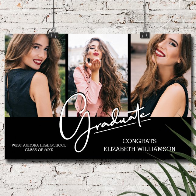 Graduation Congratulations Black Modern 3 Photo Poster (Graduation Congratulations 3 Photos on Black Poster, INSTANT DOWNLOAD and/or POSTER)