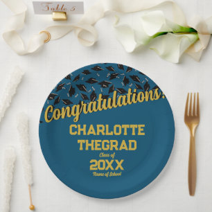 Graduation Congratulations Personalise Blue Gold Paper Plate