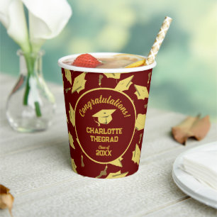 Graduation Congratulations Personalise Maroon Gold Paper Cups
